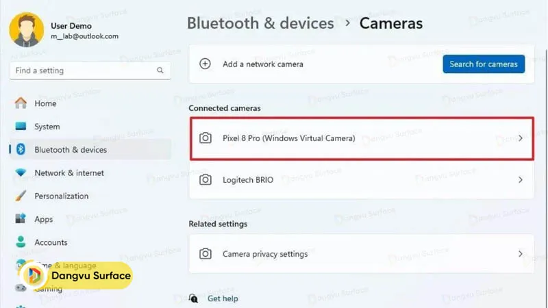 Thiết lập trong phần "Connected cameras"